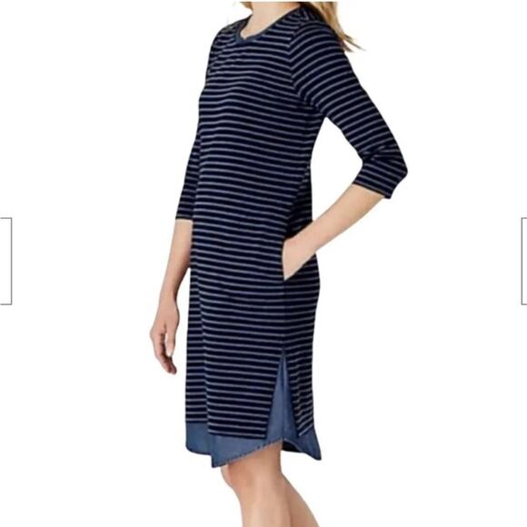 J. Jill 3/4 Sleeve Navy Striped Shift Dress Tencel Denim Shirt Tail Size Small - Picture 5 of 11